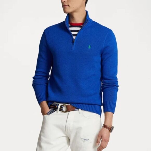 Ralph Lauren NWT COTTON QUARTER ZIP BLUE SWEATER | Size Large - Picture 1 of 7